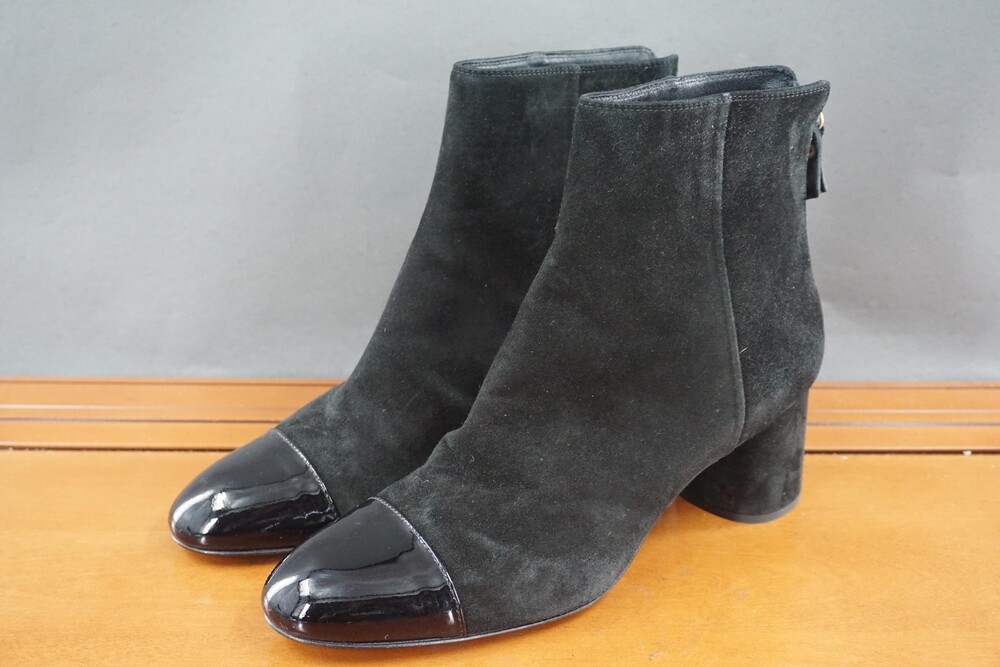 AGL Boots Womens Size 41 Suede Black Leather Patent Cap Toe Block Heel Italy